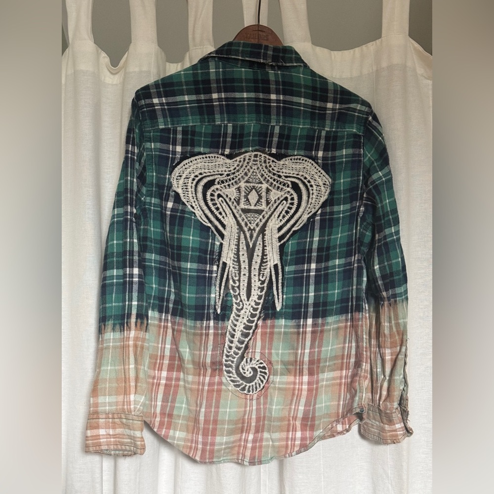 Handmade Upcycled Green Plaid Shirt with Elephant Detail